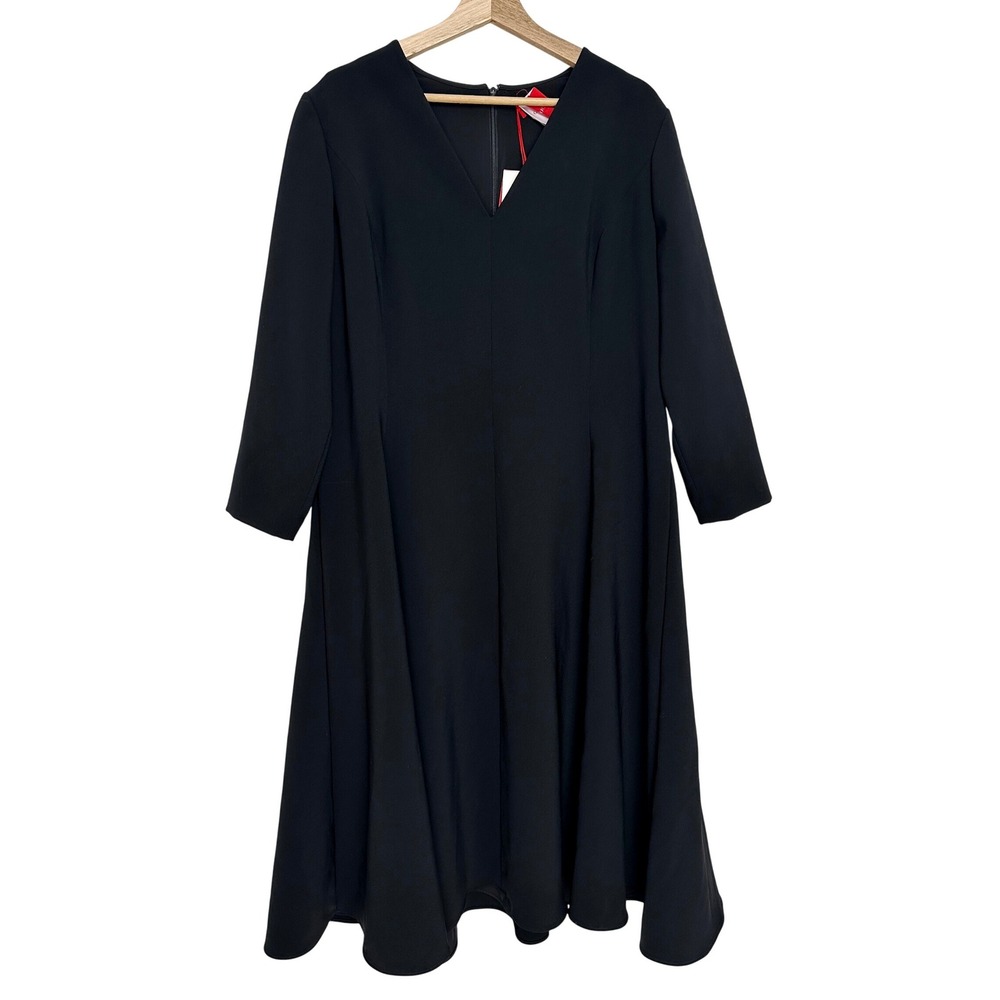 Carolina Herrera New York Black V-Neck A-Line Midi Dress Long Sleeve NWT